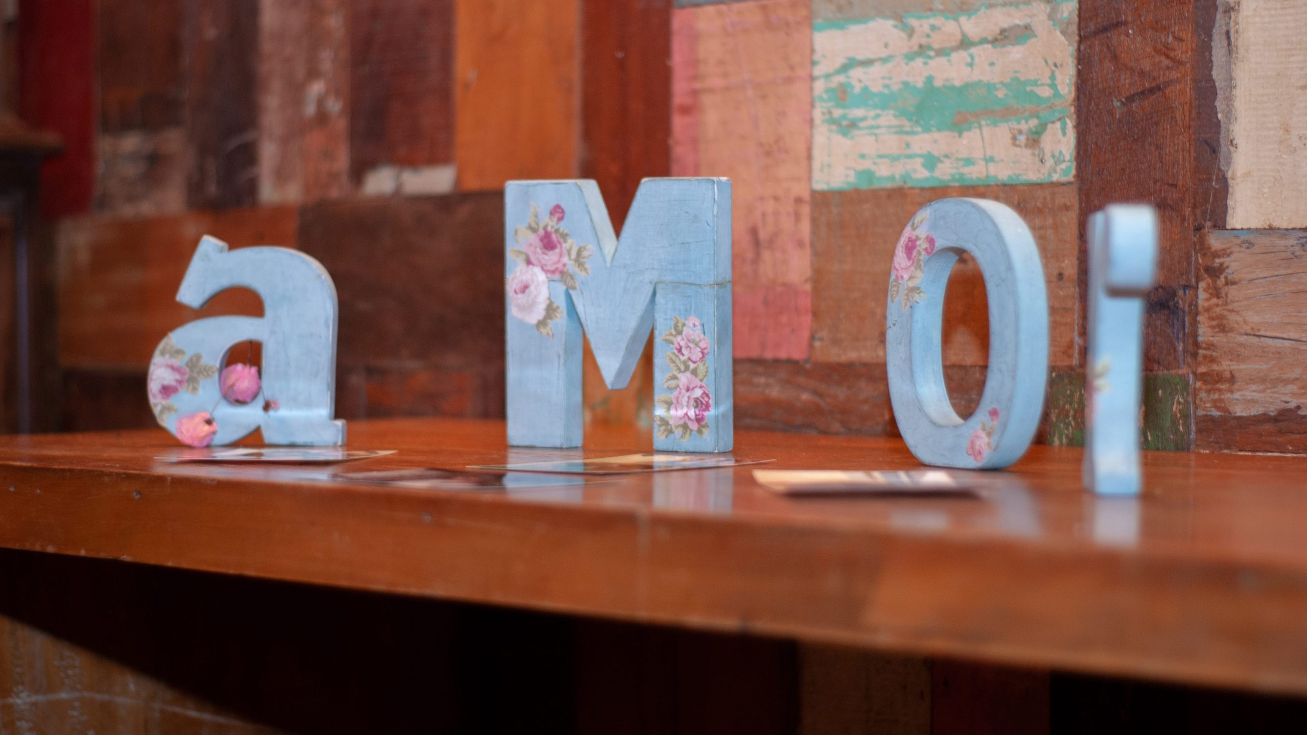 blue letters on a table