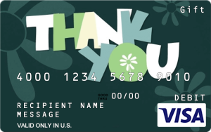 Green visa gift card that reads 'thank you'