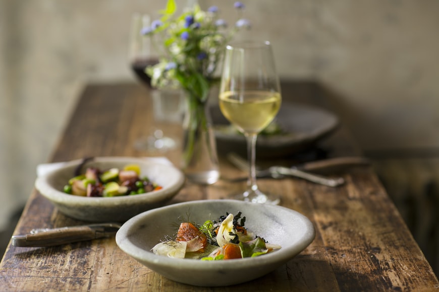 food and wine on table