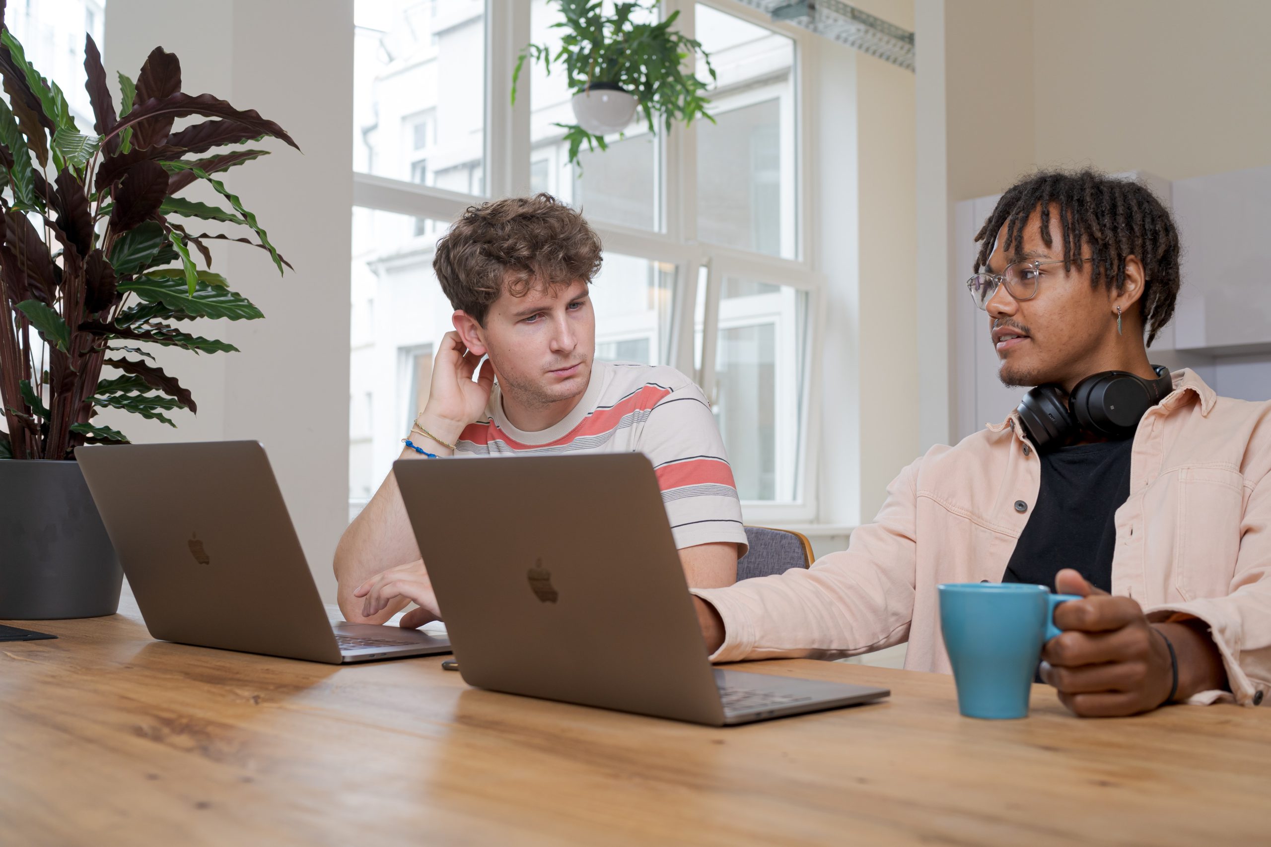 two men working at laptops