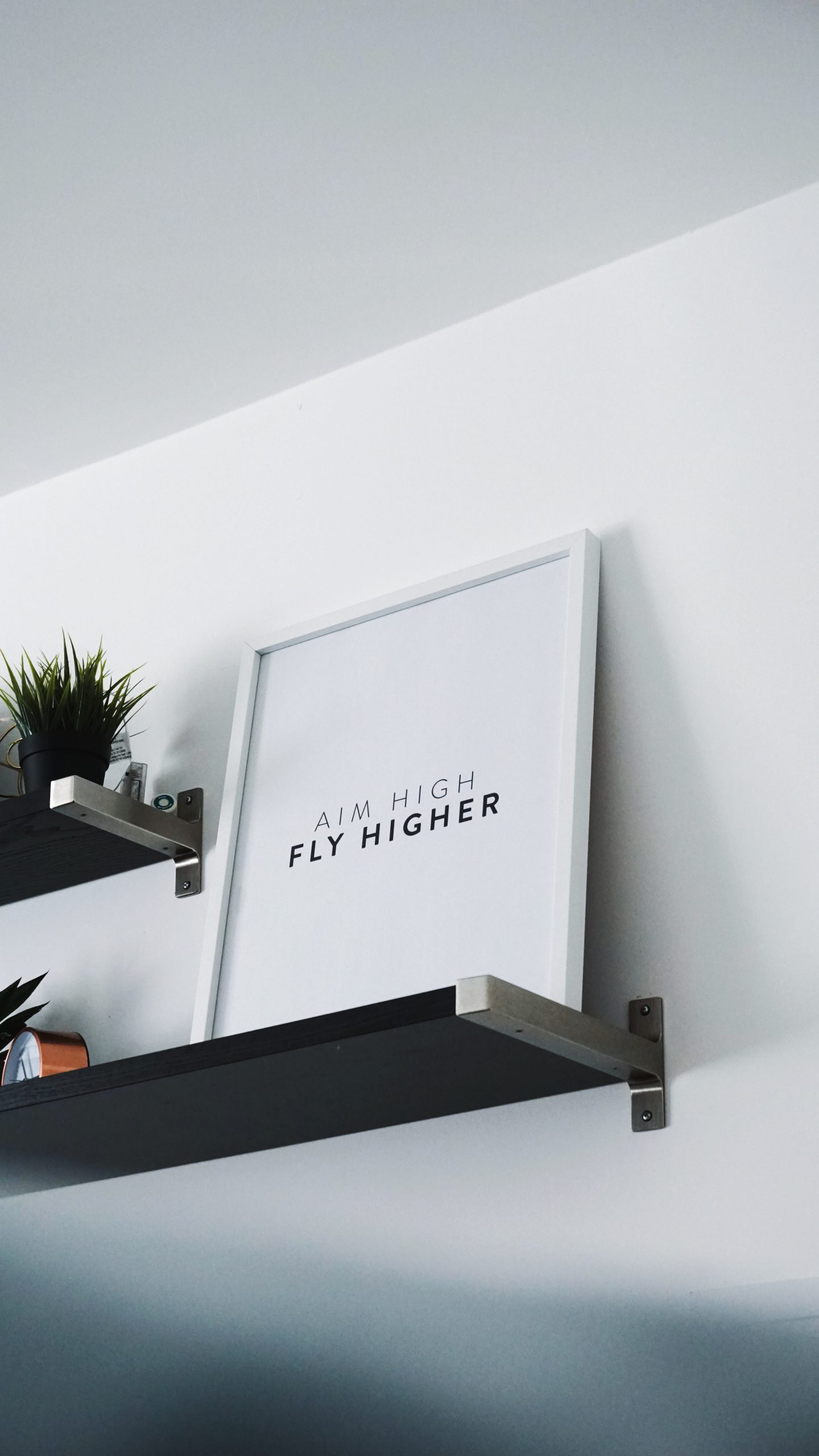 print on a shelf that reads "aim high, fly higher"