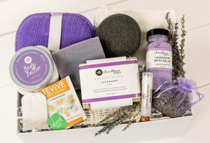 basket with lavender soaps and perfumes