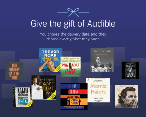 give the gift of audible with an array of different books on dark background