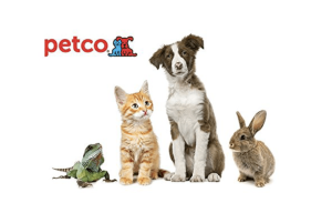 petco gift card with white background featuring a lizard, cat ,dog, and rabbit