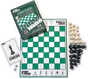 green and white bobby fischer chess set