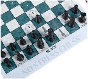 blue and white chess board with player guide