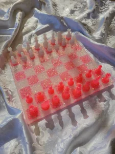 pink and white glittery chess board