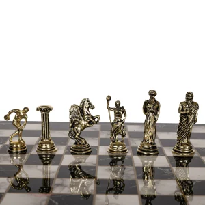 chess set with gold greek statues as pieces