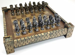 Chess board in the shape of a tower with pieces from king Arthur's court